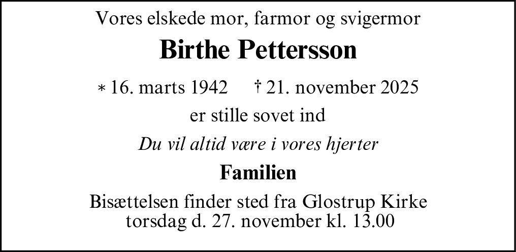 Dødsannonce for Birthe Pettersson
