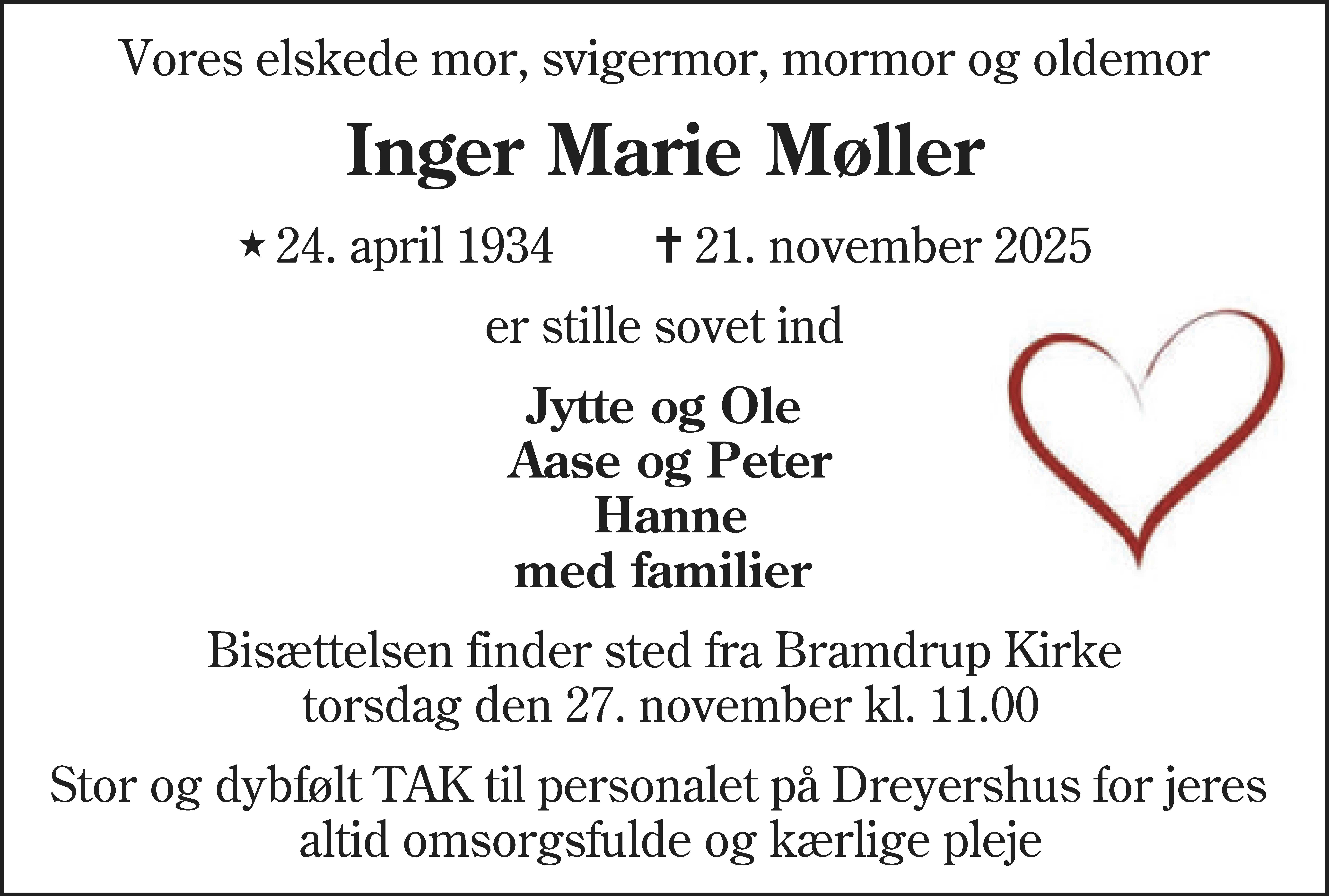 Dødsannonce for Inger Marie Møller