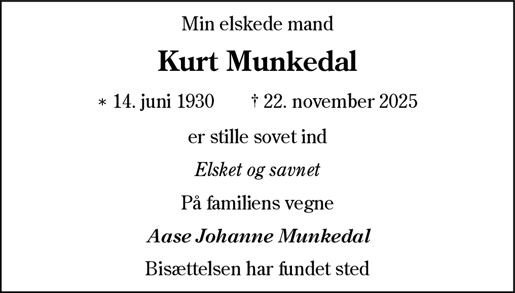 Dødsannonce for Kurt Munkedal