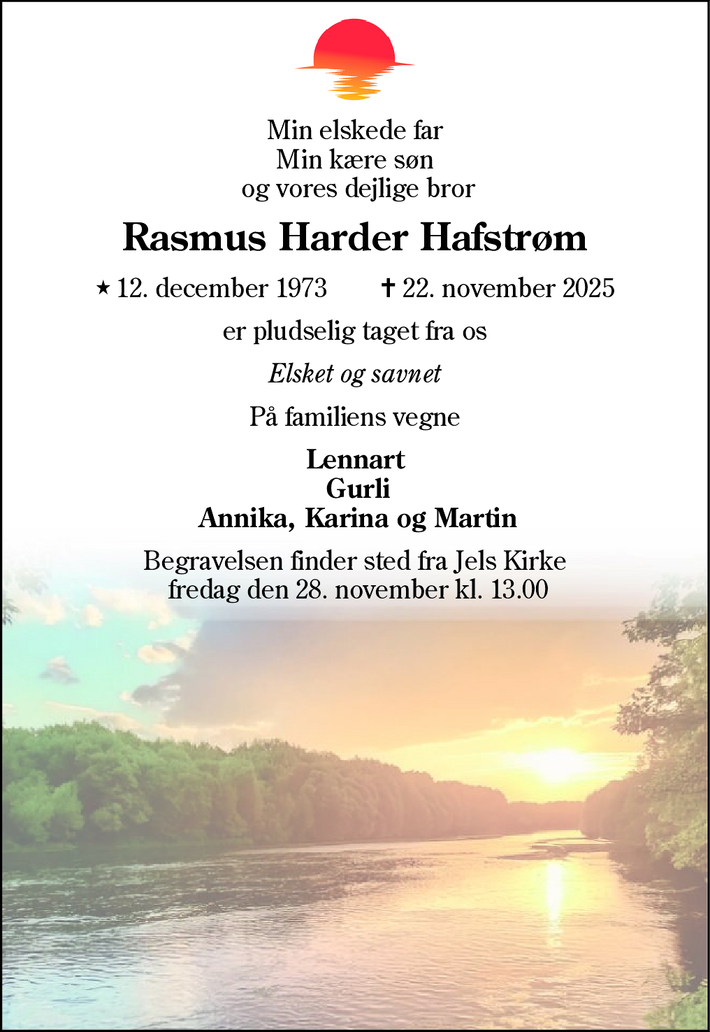 Dødsannonce for Rasmus Harder Hafstrøm