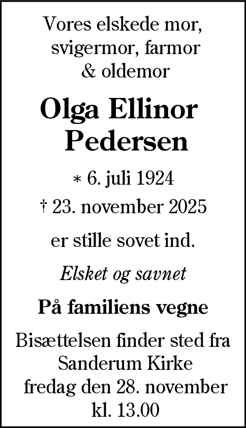 Dødsannonce for Olga Ellinor Pedersen