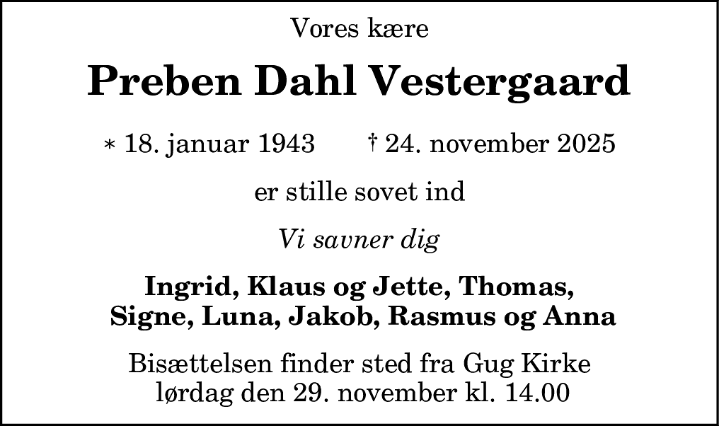 Dødsannonce for Preben Dahl Vestergaard