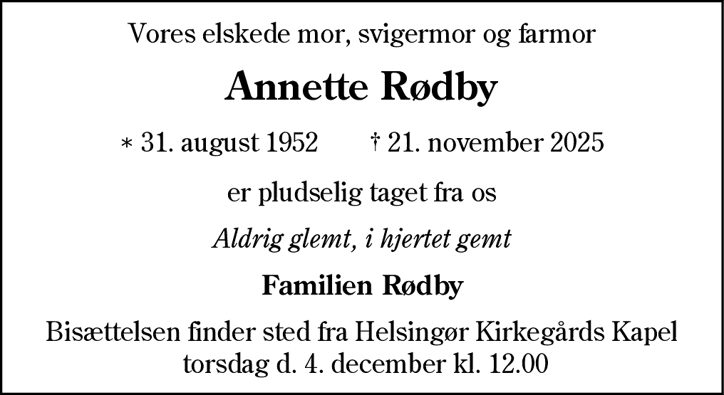 Dødsannonce for Annette Rødby
