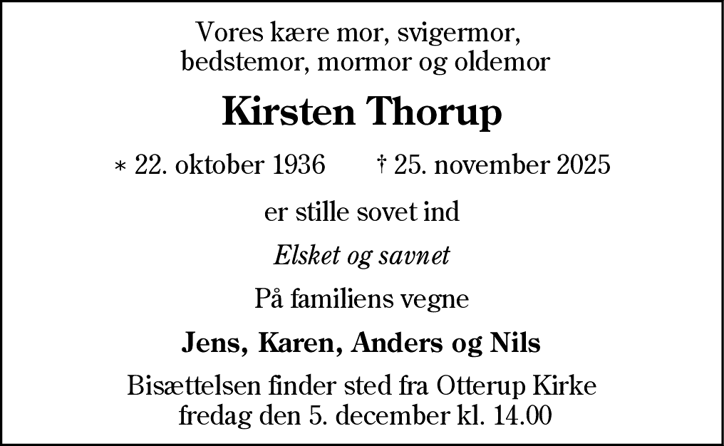Dødsannonce for Kirsten Marie Skriver Thorup