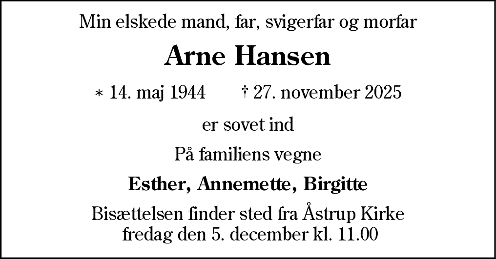 Dødsannonce for Arne Hansen