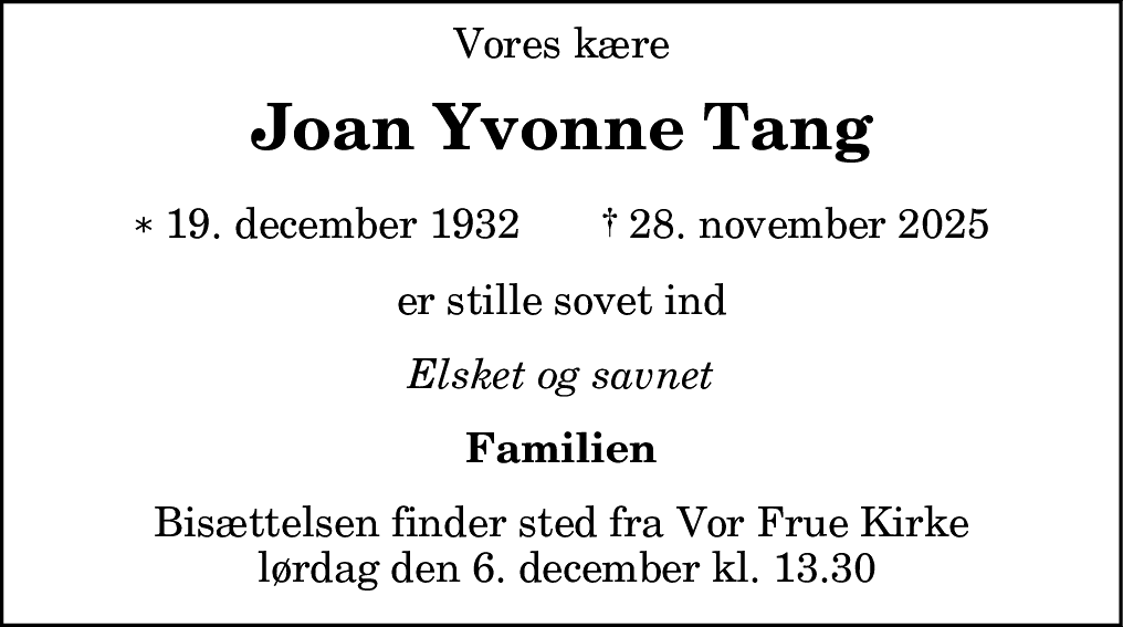 Dødsannonce for Joan Yvonne Tang
