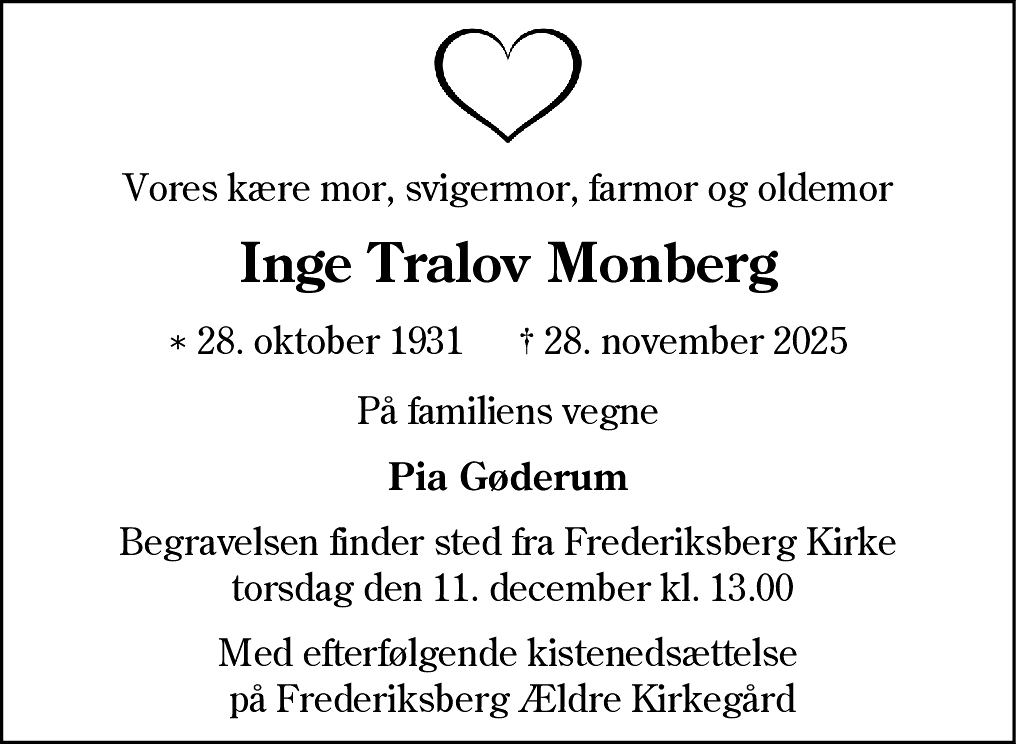 Dødsannonce for Inge Monberg