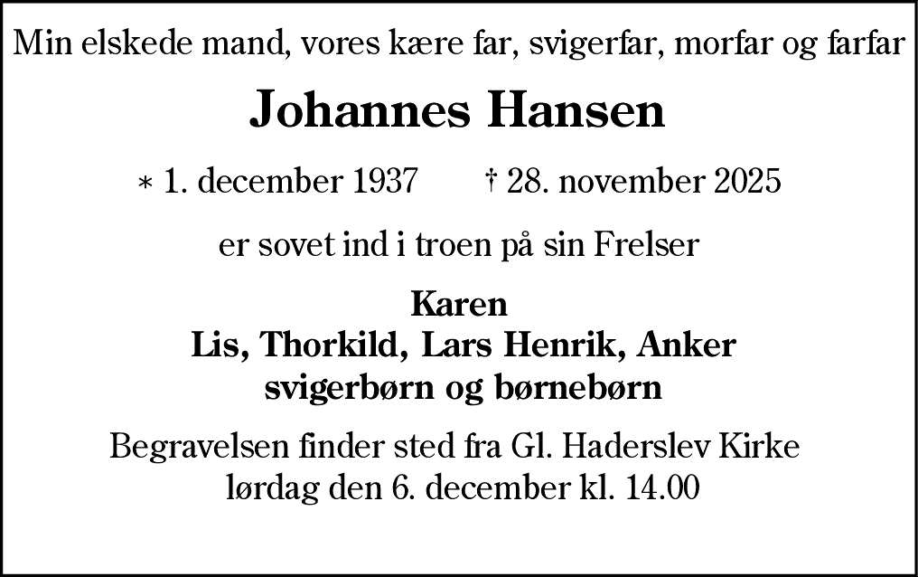 Dødsannonce for Johannes Hansen