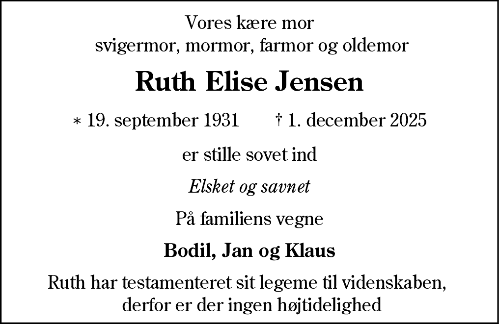 Dødsannonce for Ruth Elise Jensen