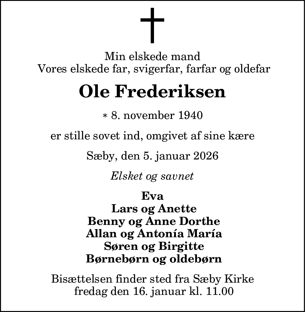 Dødsannonce for Ole Frederiksen