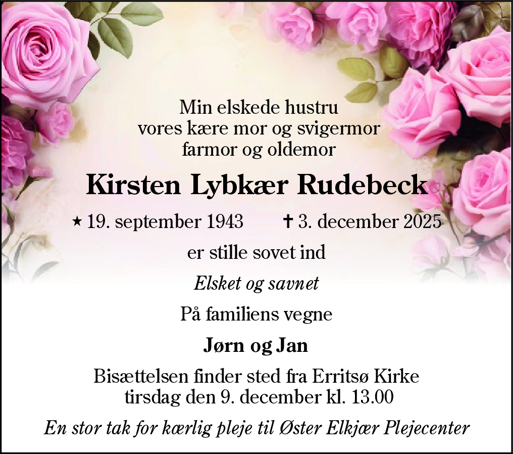 Dødsannonce for Kirsten Lybkær Rudebeck