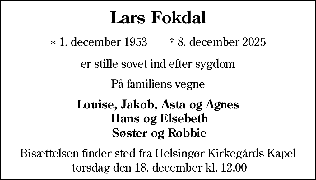 Dødsannonce for Lars Fokdal