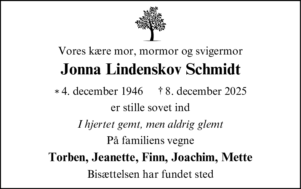 Dødsannonce for Jonna Lindenskov Schmidt