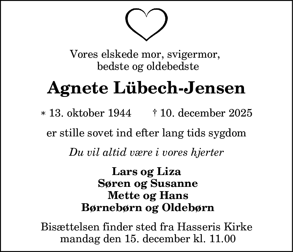 Dødsannonce for Agnete Lübech-Jensen