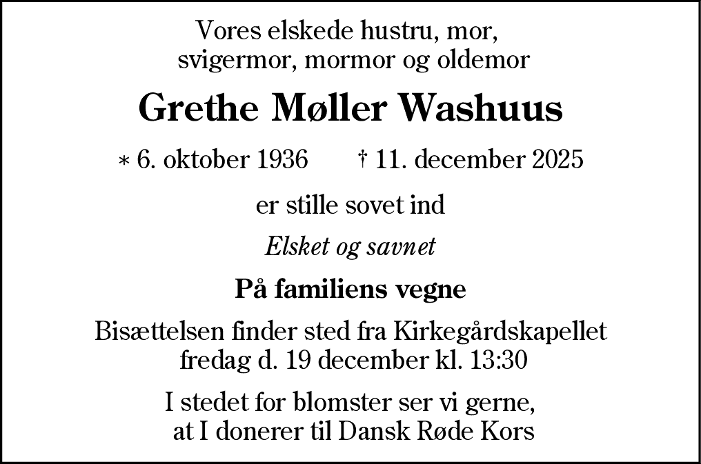 Dødsannonce for Grethe Møller Washuus