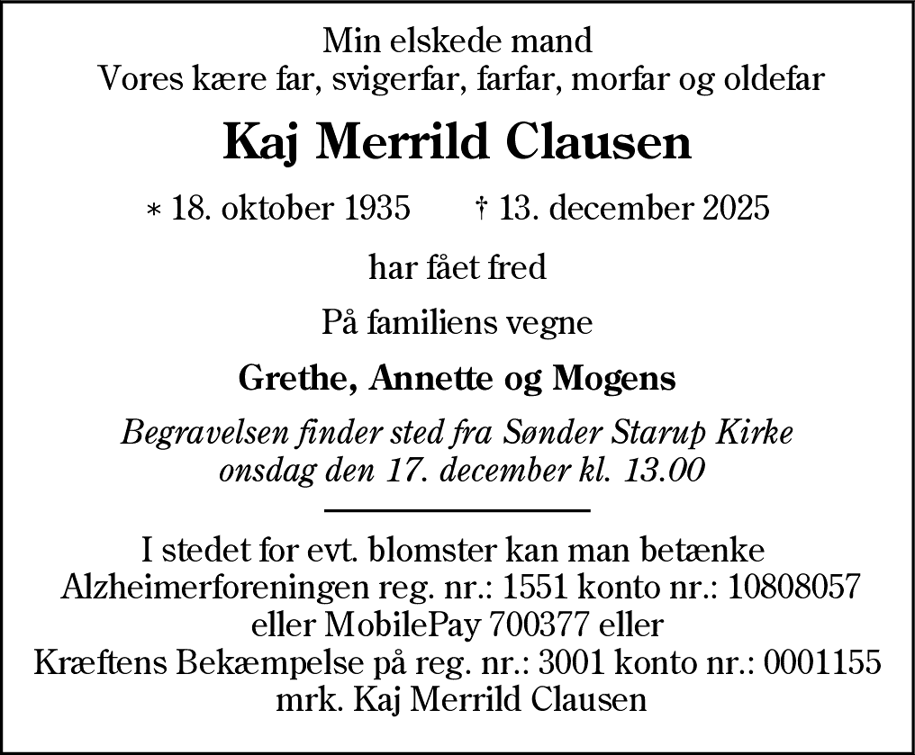 Dødsannonce for Kaj Merrild Clausen