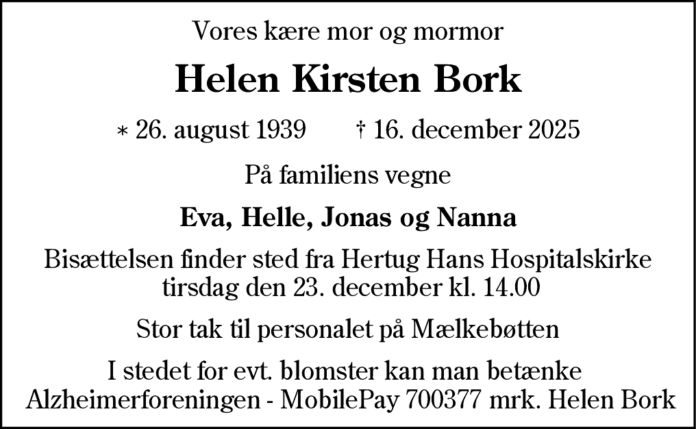 Dødsannonce for Helen Kirsten Bork