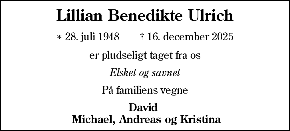 Dødsannonce for Lillian Benedikte Ulrich