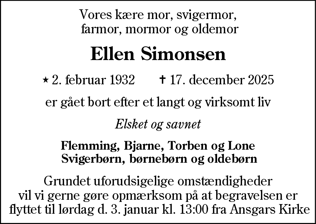 Dødsannonce for Ellen Rigmor Simonsen