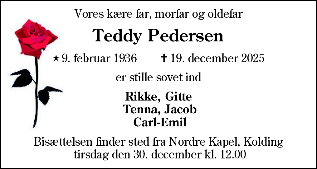 Dødsannonce for Teddy Pedersen