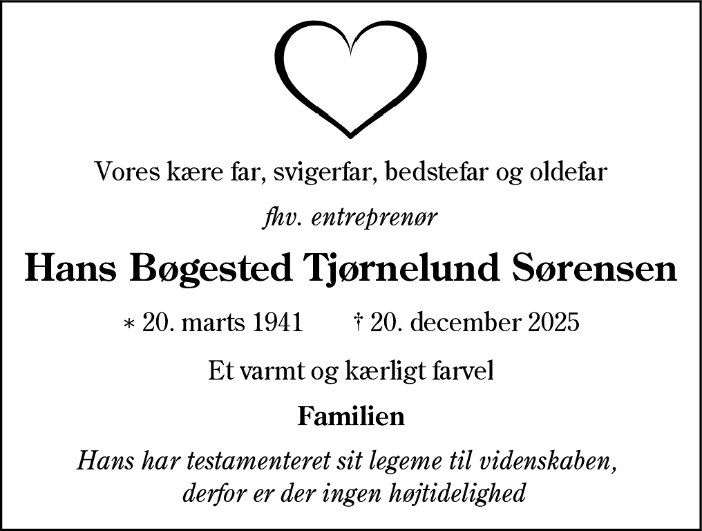 Dødsannonce for Hans Bøgested Tjørnelund Sørensen