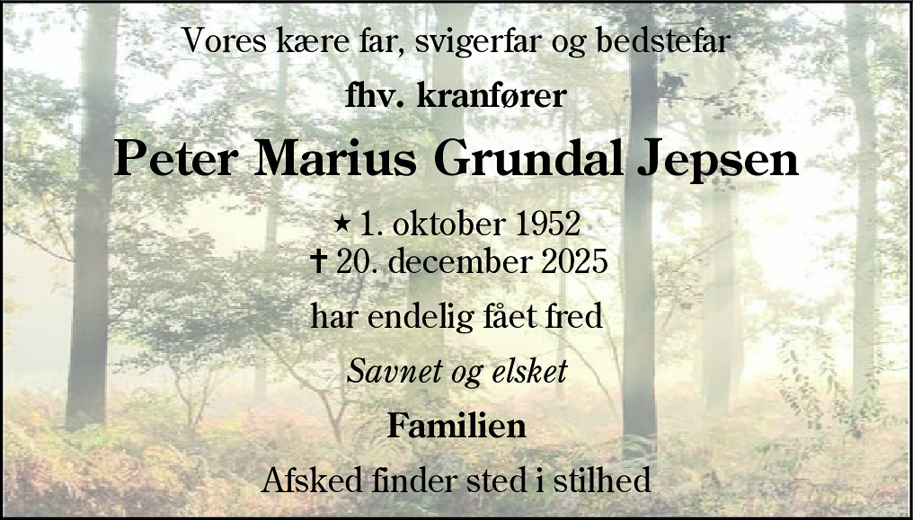 Dødsannonce for Peter Marius Grundal Jepsen