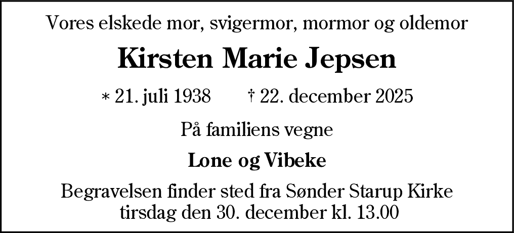 Dødsannonce for Kirsten Marie Jepsen