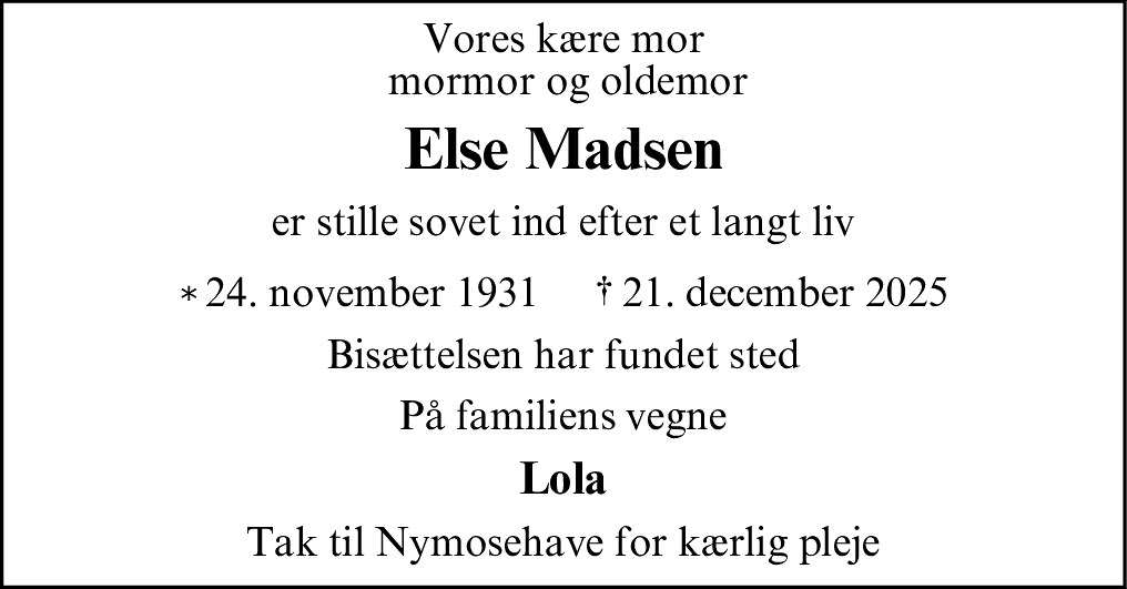 Dødsannonce for Else Madsen