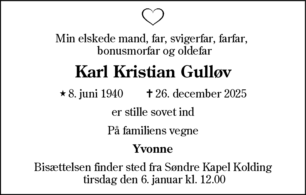 Dødsannonce for Karl Kristian Gulløv