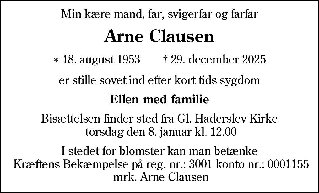 Dødsannonce for Arne Clausen