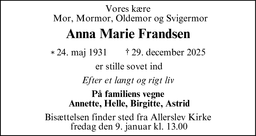 Dødsannonce for Anna Marie Frandsen