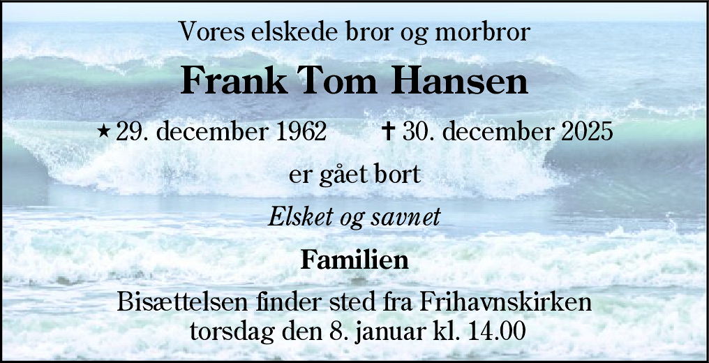 Dødsannonce for Frank Tom Hansen