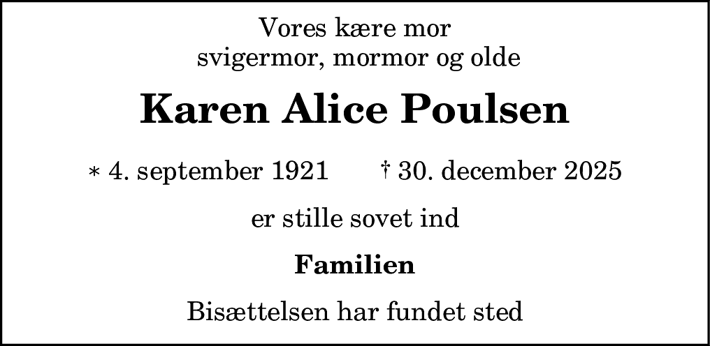 Dødsannonce for Karen Alice Poulsen