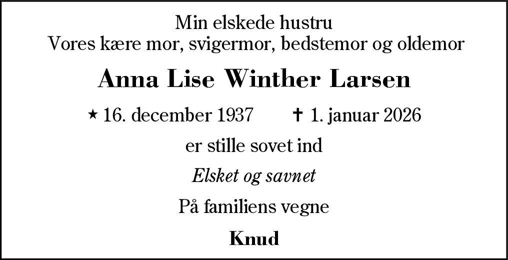 Dødsannonce for Anna Lise Winther Larsen