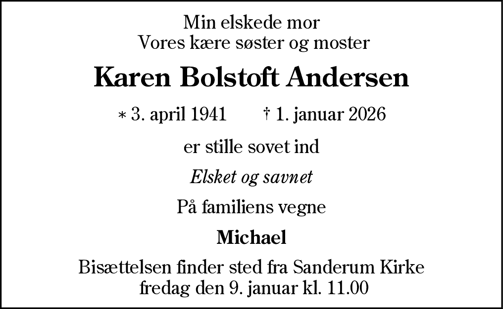 Dødsannonce for Karen Bolstoft Andersen