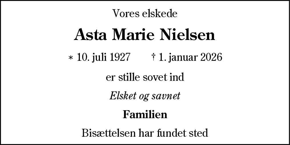 Dødsannonce for Asta Marie Nielsen