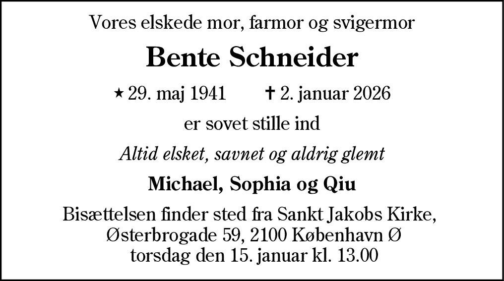 Dødsannonce for Bente Schneider