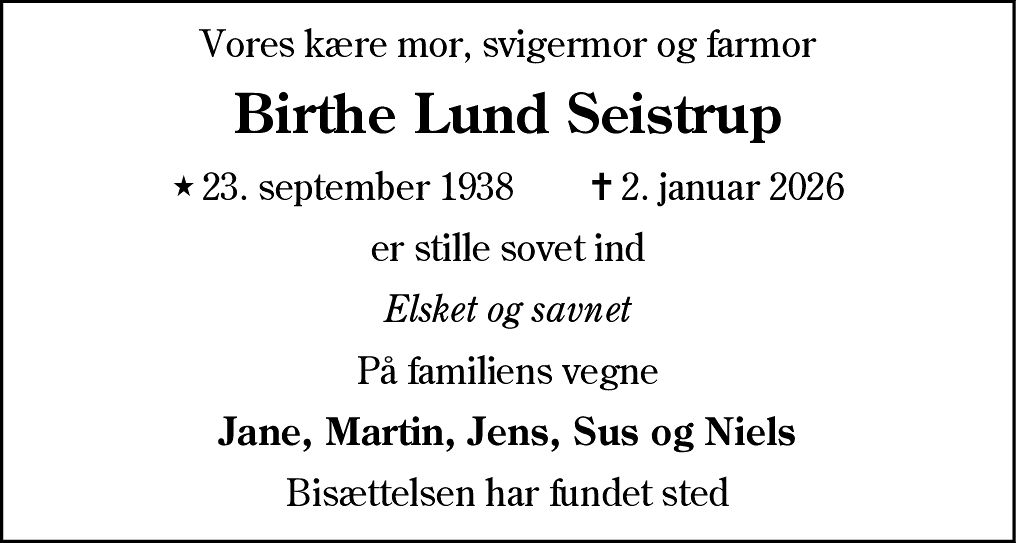 Dødsannonce for Birthe Seistrup