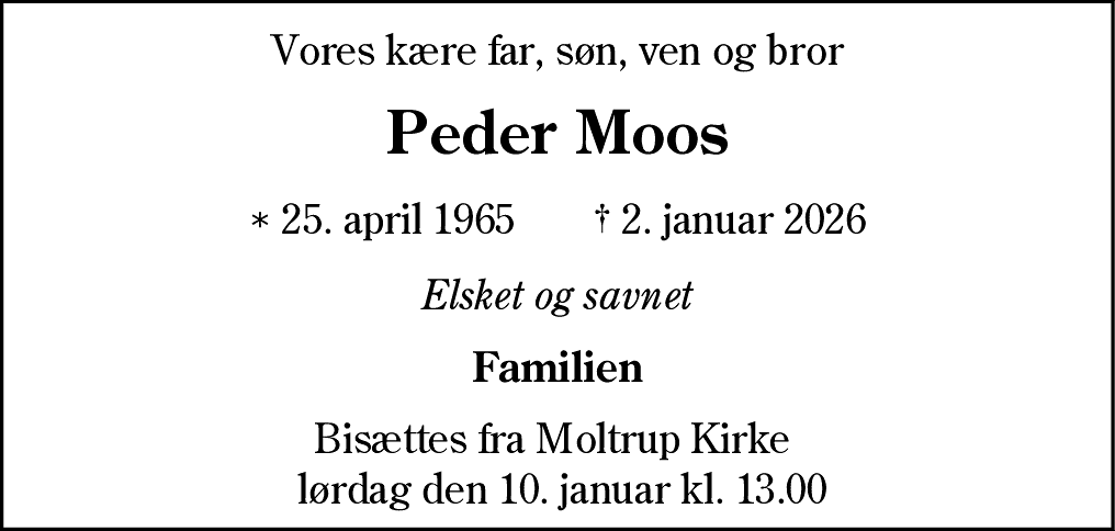Dødsannonce for Peder Moos