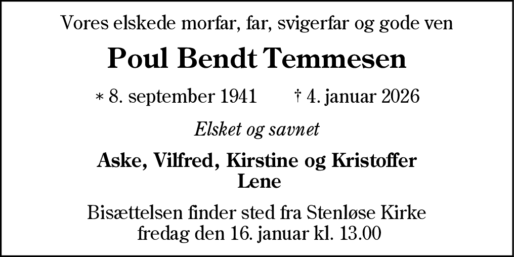 Dødsannonce for Poul Bendt Temmesen