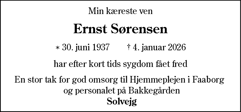 Dødsannonce for Ernst Sørensen