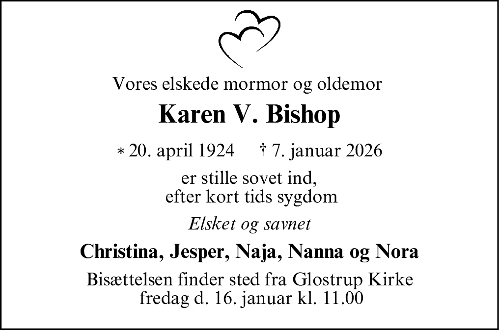 Dødsannonce for Karen Valborg Bishop