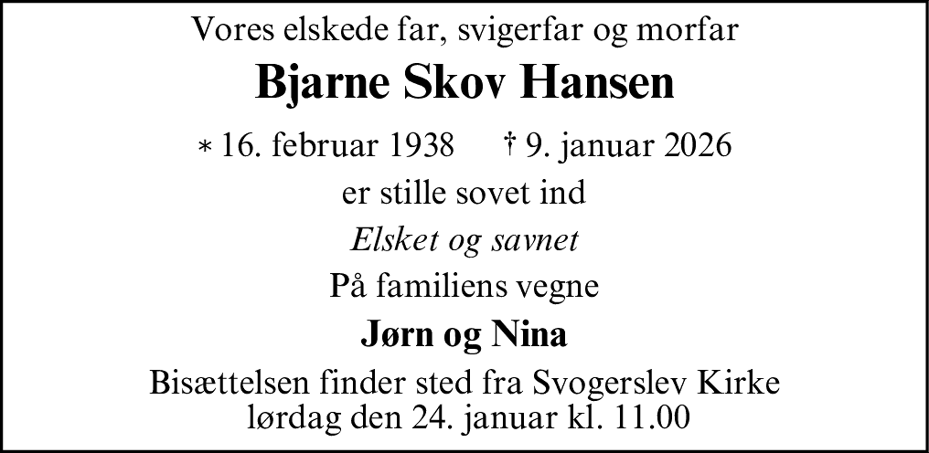 Dødsannonce for Bjarne Skov Hansen