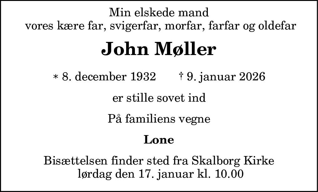 Dødsannonce for John Møller
