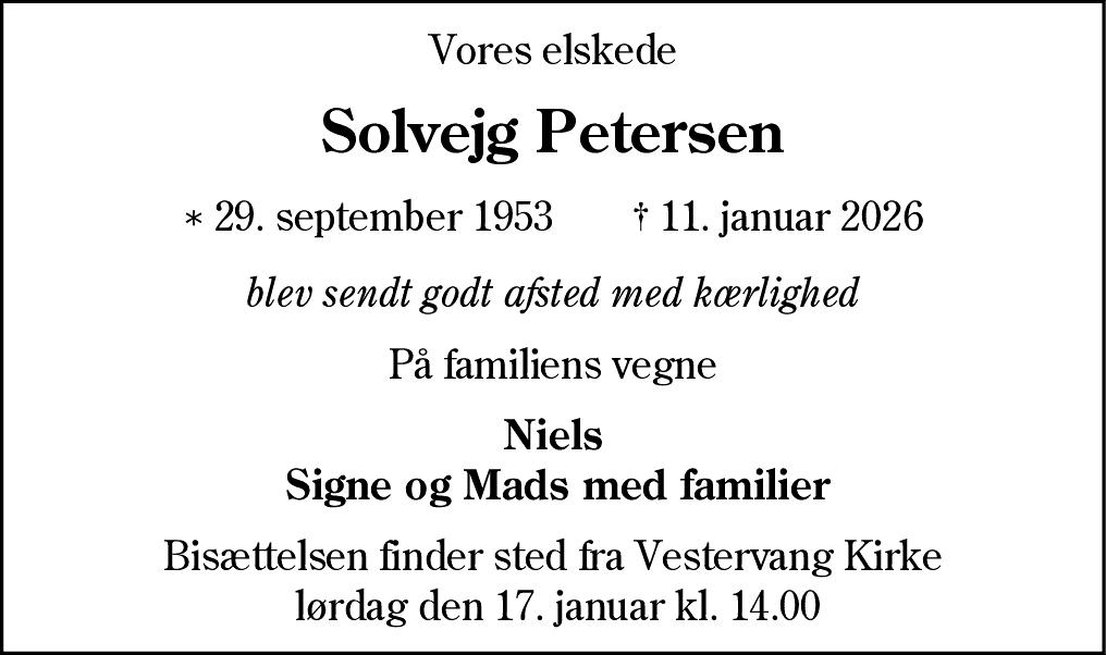 Dødsannonce for Solvejg Petersen