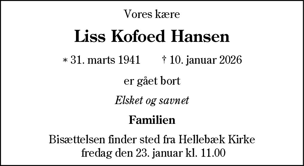 Dødsannonce for Liss Kofoed Hansen