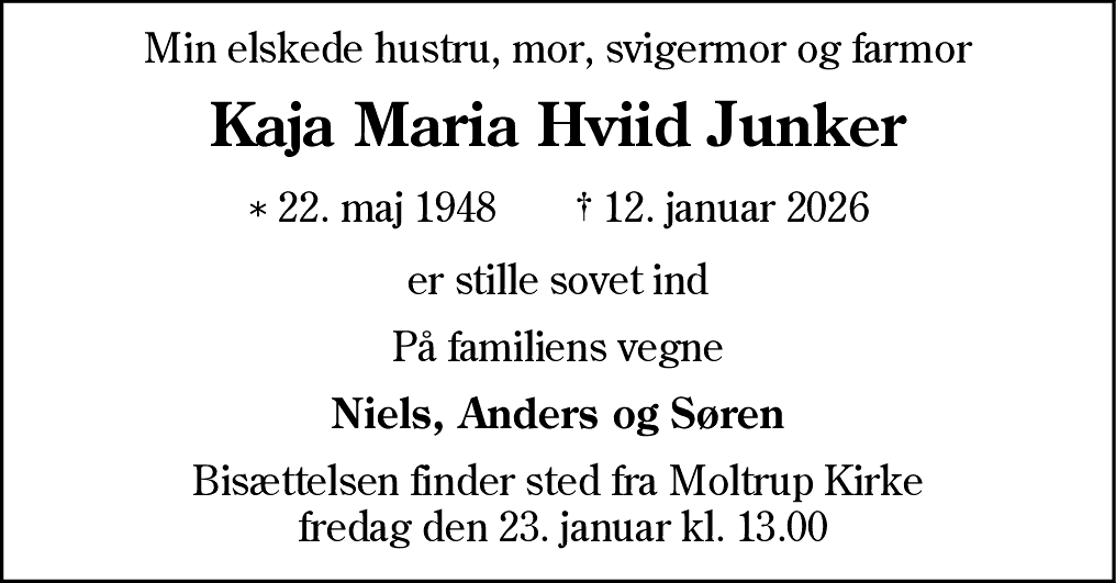 Dødsannonce for Kaja Maria Hviid Junker