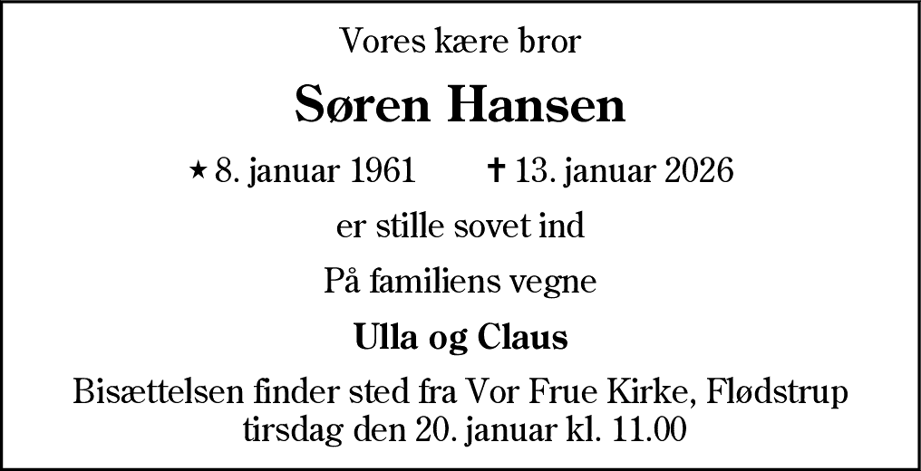 Dødsannonce for Søren Hansen