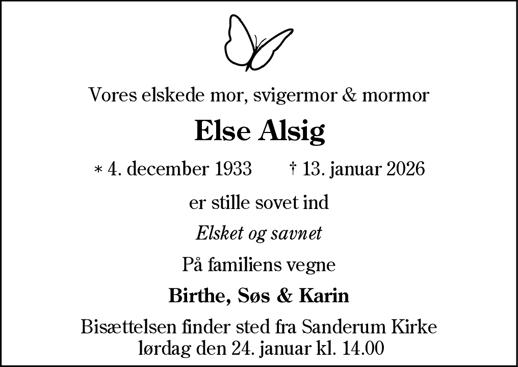 Dødsannonce for Else Alsig