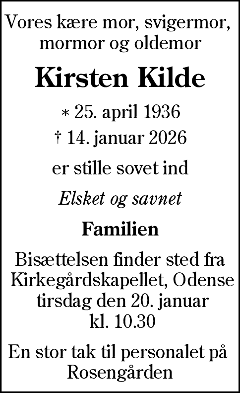 Dødsannonce for Ellen Kirsten Quist Kilde
